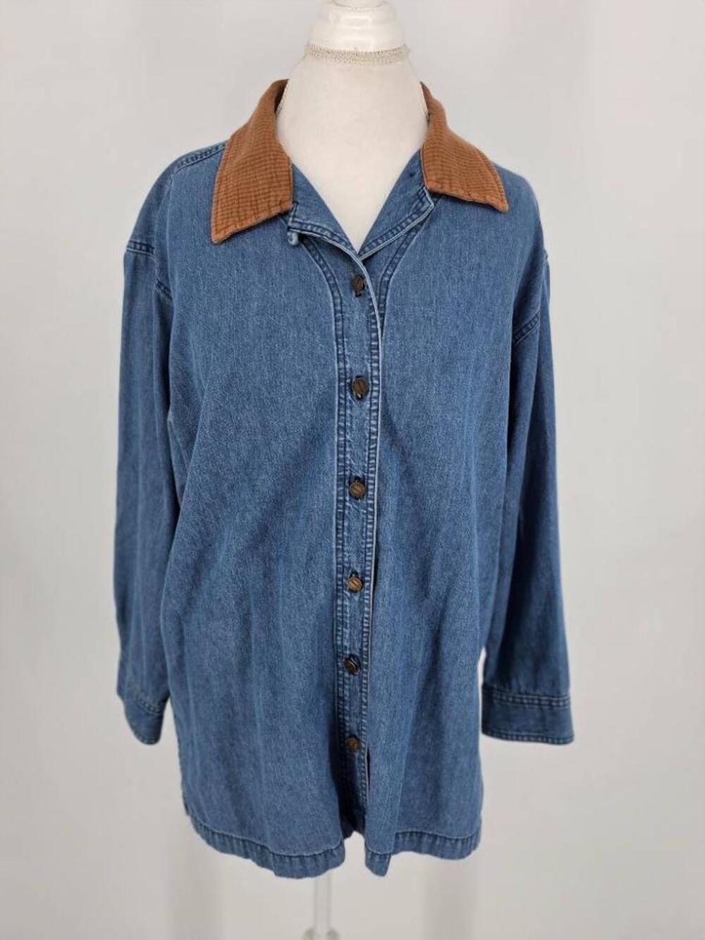 Vintage Democracy Womens 1X Corduroy Collar Denim Shirt Jacket Shacket Boho